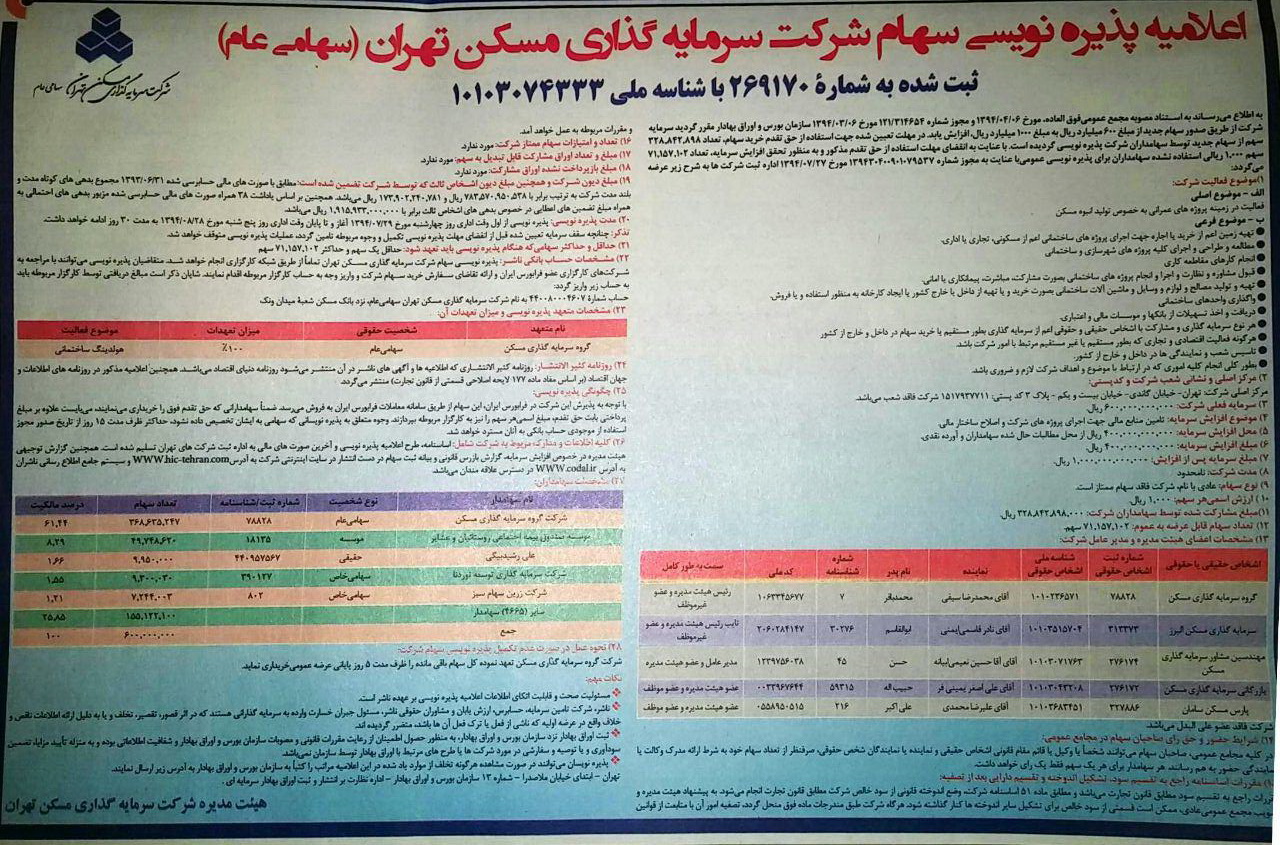 اعلامیه پذیره نویسی سهام شرکت سرمایه گذاری مسکن تهران در روزنامه دنیای اقتصاد 29 مهر ماه 1394
